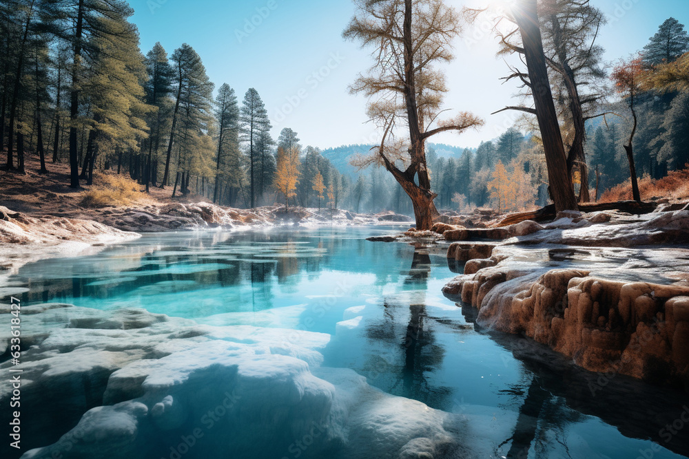 tranquil shot of a hot spring's surface reflecting the surrounding trees and the clear blue sky above 