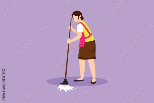 Character flat drawing happy young beautiful woman mopping floor and cleanup indoors. Professional home clean, housework service or housekeeping workers and janitor. Cartoon design vector illustration