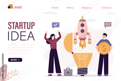 Co-founders rejoice at successful launch of business startup, landing page template. Businessman investor with money, rocket takes off from open lightbulb.