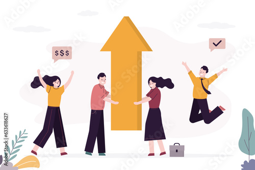 Business people holds big arrow. Teamwork, successful deal or agreement give big profit. Group of investors making money. Strategy to win big earning and profit or business challenge,