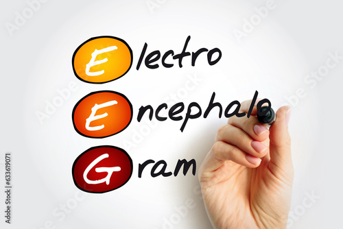 EEG Electroencephalogram - test that records the electrical signals of the brain by using small metal discs, acronym text photo