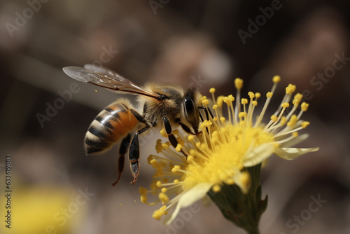 Honey bee pollinating flower, macro close up view. Generative AI