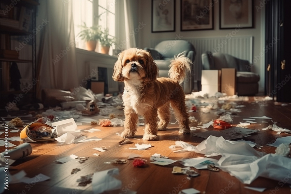 Dog being naughty make mess in  apartment, boredom and loneliness. House destroyed by dog left alone. Generative AI - obrazy, fototapety, plakaty 