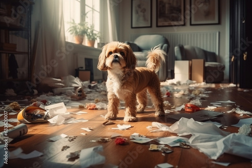 Dog being naughty make mess in  apartment, boredom and loneliness. House destroyed by dog left alone. Generative AI photo