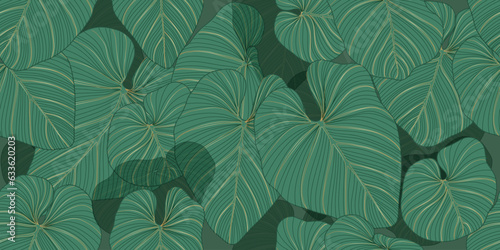 Luxury tropical leaf background vector. Floral pattern  Golden split-leaf Philodendron plant line arts  Vector illustration