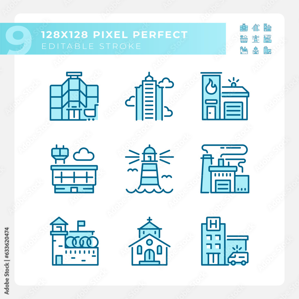 Pixel perfect blue icons representing various architecture, editable thin line illustration.