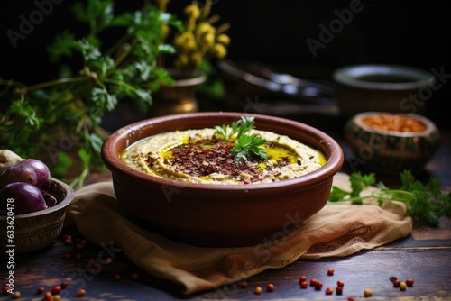 homemade hummus in a rustic ceramic bowl
