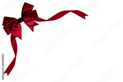 Photo red ribbon with red bow on top left corner, transparent and white background, PNG image