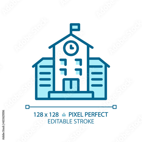 2D pixel perfect editable blue school icon, isolated vector, building thin line illustration.