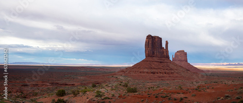 Monument Valley red stone panoramic view, Navajo Tribal Park, USA, Utah, Arizona. Copy space, banner