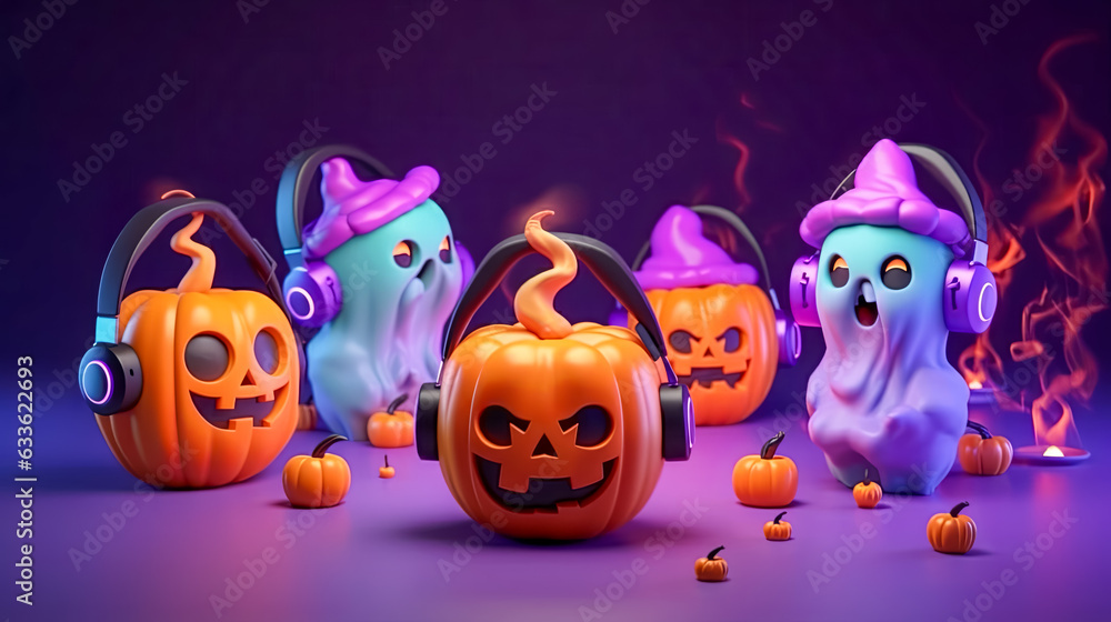 Fototapeta premium Illustration of fairy pumpkins and ghosts in headphones. Halloween concept