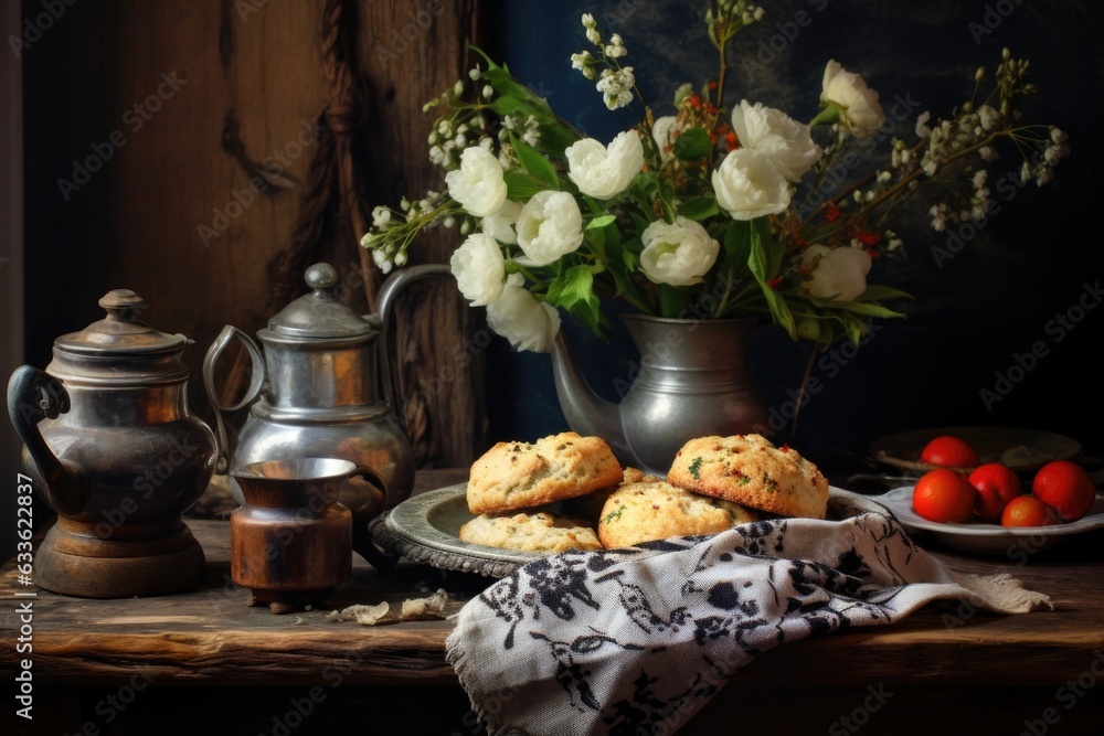 rustic table setting with scones and tea rustic table setting with scones and tea