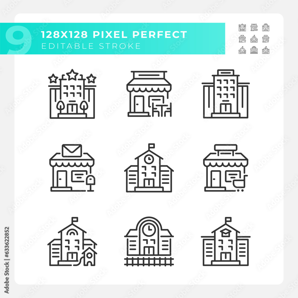 Set of pixel perfect black icons set representing various buildings, editable thin line illustration.