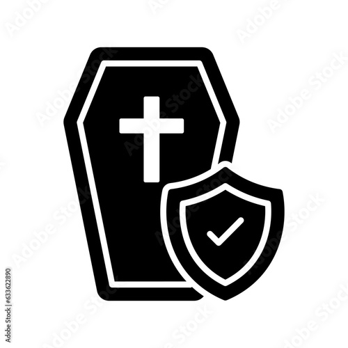 Protection shield on coffin showing death insurance concept icon