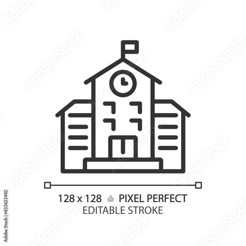 2D pixel perfect editable black school icon, isolated vector, building thin line illustration.