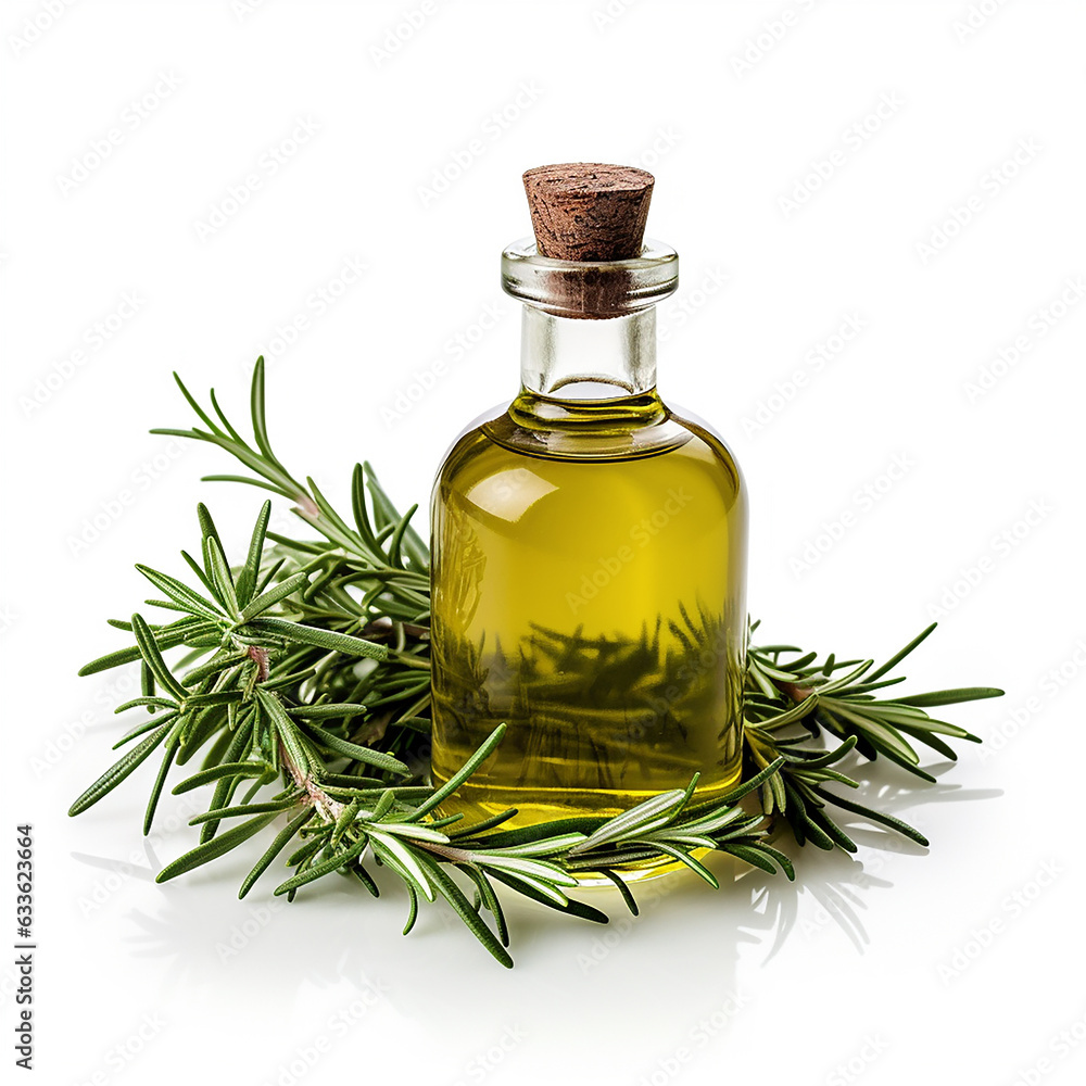 Bottle with essential oil and rosemary isolated on white background. With clipping path. Made with generative ai Bottle with essential oil and rosemary isolated on white background. With clipping path. Made with generative ai