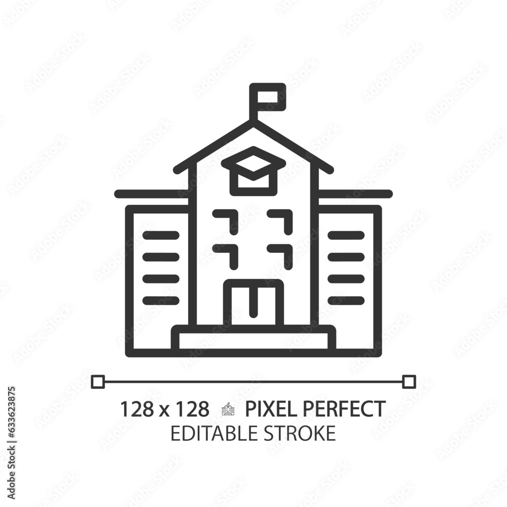 2D pixel perfect editable black school icon, isolated vector, building thin line illustration. 2D pixel perfect editable black school icon, isolated vector, building thin line illustration.