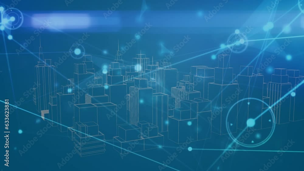 Animation of illuminated connected dots and 3d model of cityscape over blue background Animation of illuminated connected dots and 3d model of cityscape over blue background