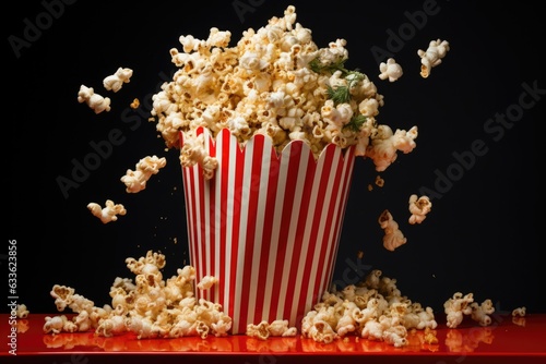 popcorn overflowing from a striped paper bag