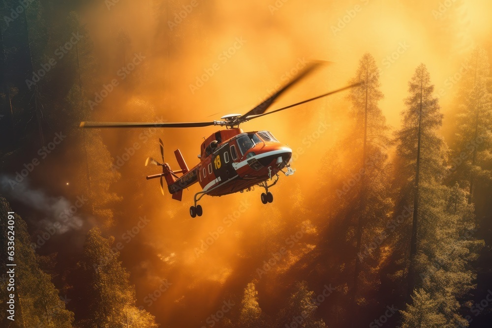 Rescue firefighting helicopter extinguishes a forest fire by dropping a large amount of water on a burning coniferous forest. Saving forests, fighting forest fires. Aerial top view. 3D rendering. Rescue firefighting helicopter extinguishes a forest fire by dropping a large amount of water on a burning coniferous forest. Saving forests, fighting forest fires. Aerial top view. 3D rendering.