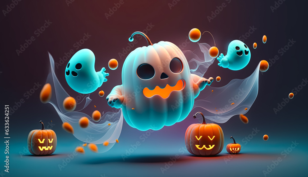 Obraz premium cartoon illustration of nice Halloween pumpkins and ghosts with cute face. Halloween concept