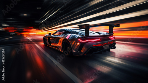 Sports car races through dark blurred motion
