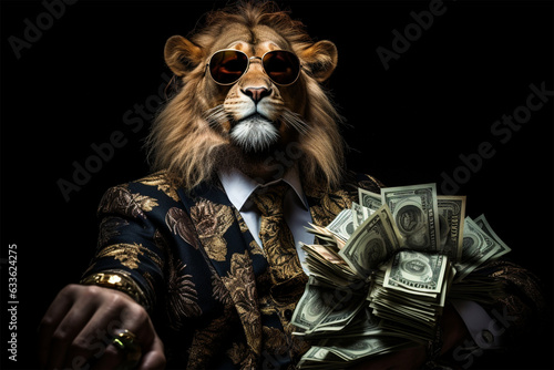 a lion wearing a suit and holding money