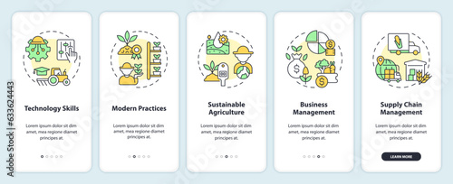 Skills required in agriculture onboarding mobile app screen. Walkthrough 5 steps editable graphic instructions with linear concepts. UI, UX, GUI template. Myriad Pro-Bold, Regular fonts used