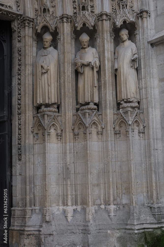 View of Notre Dame d'Amiens Cathedral. Gothic architecture. Facade detail.
