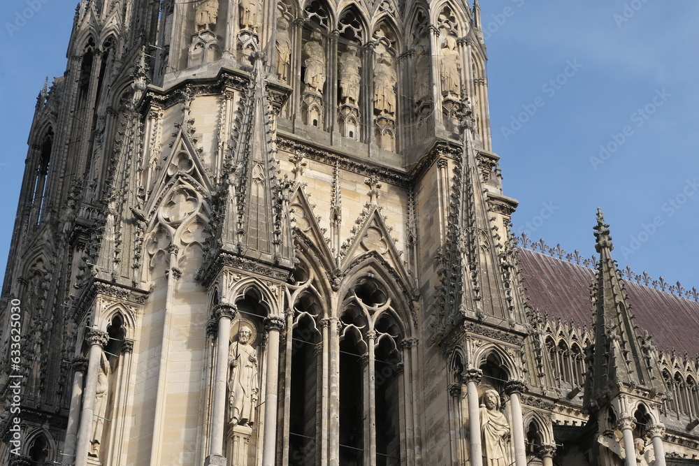 Notre Dame de Reims Cathedral. Gothic architecture detail.