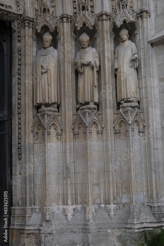 View of Notre Dame d'Amiens Cathedral. Gothic architecture. Facade detail.