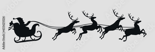 Santa Claus on a sleigh with reindeer. Black silhouette. Vector on gray background © Dima