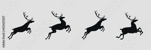 Running deer. Collection. Black silhouette. Vector on gray background