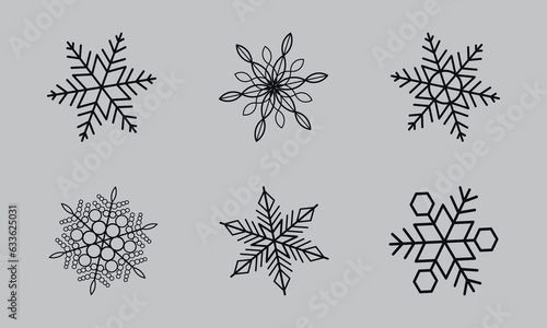 Snowflake Collection. Black silhouette. Vector on gray background