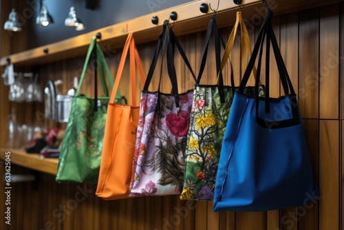 eco-friendly reusable bags hanging on hooks for shopping