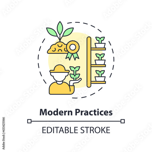 Modern practices multi color concept icon. Organic farming. Advanced technology. Crop yield. Food production. Farm industry. Round shape line illustration. Abstract idea. Graphic design. Easy to use