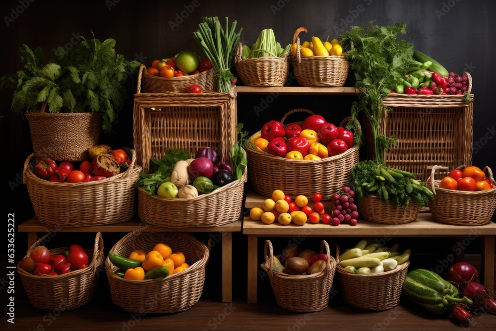 wicker baskets with fresh fruits and vegetables on shelves wicker baskets with fresh fruits and vegetables on shelves