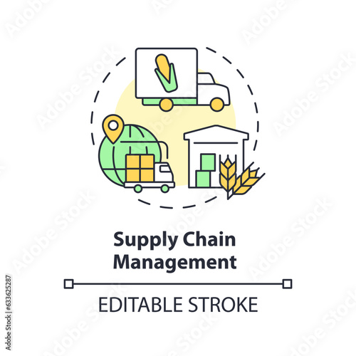 Supply chain management multi color concept icon. Farm to table. Food transportation. Inventory control. Agriculture business. Round shape line illustration. Abstract idea. Graphic design. Easy to use
