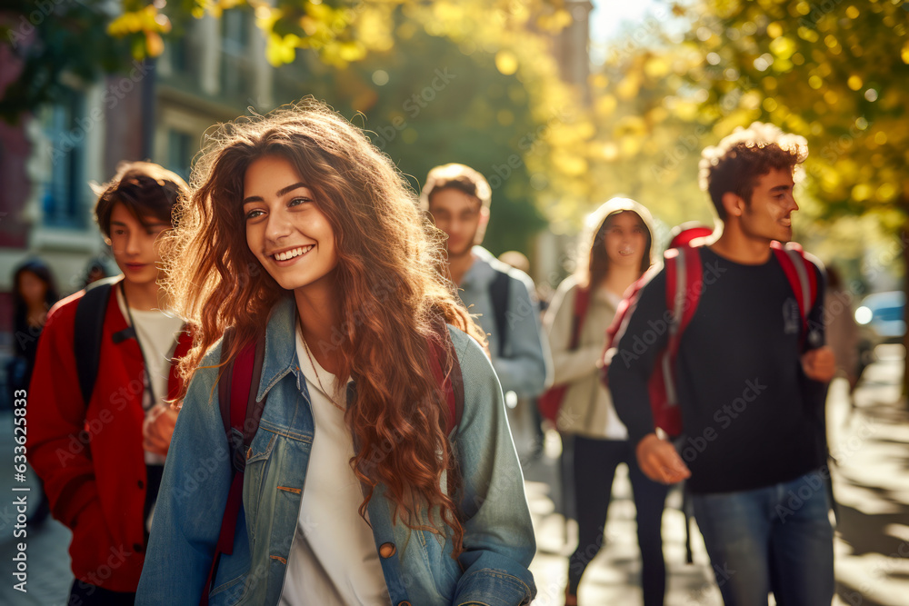 a group of people wearing casual clothing and carrying backpacks, walking on a street a group of people wearing casual clothing and carrying backpacks, walking on a street