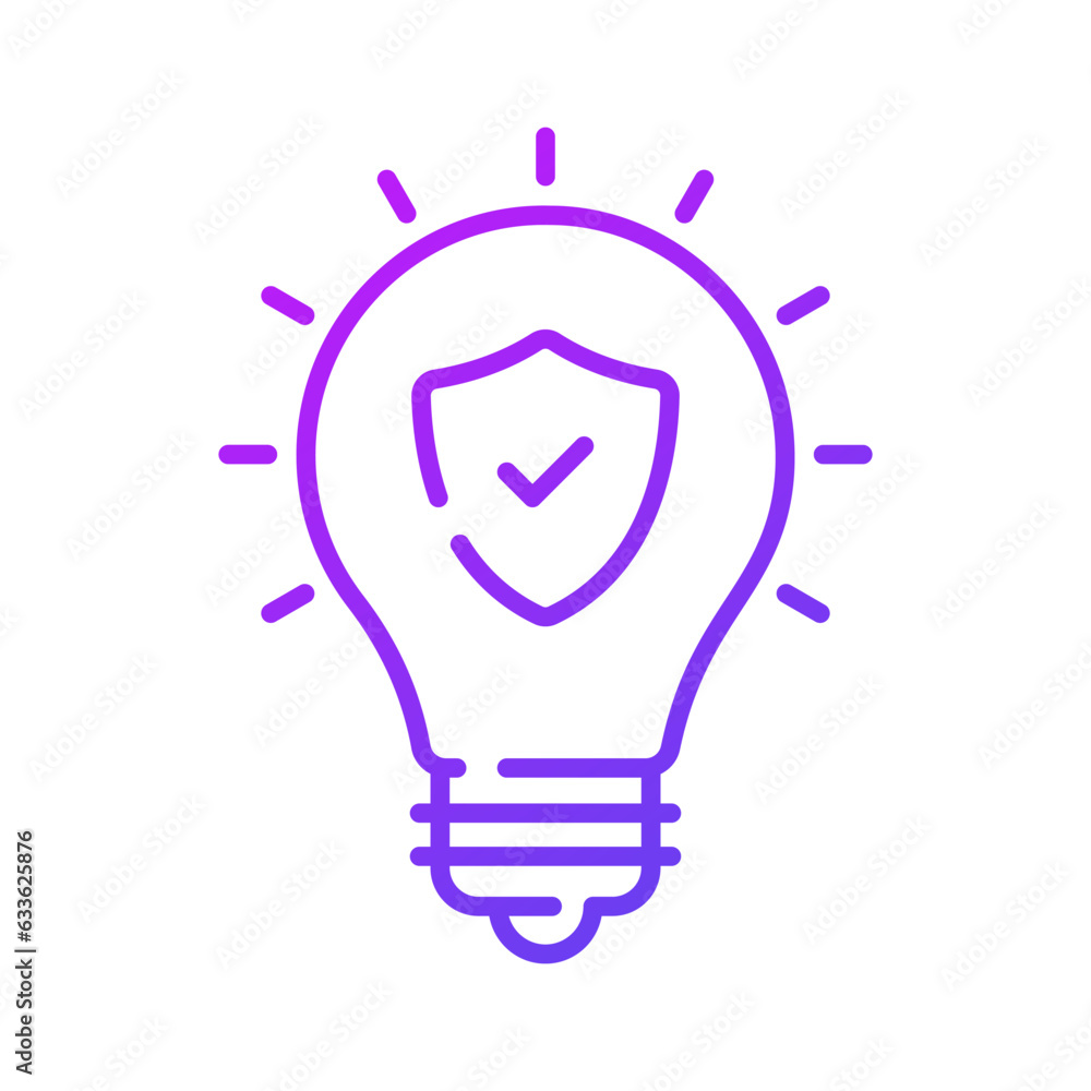 Safety shield with tick mark inside light bulb, concept of idea protection icon Safety shield with tick mark inside light bulb, concept of idea protection icon