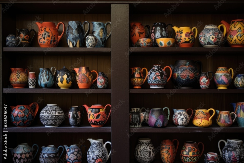 Fototapeta premium beautifully painted pottery collection on shelves