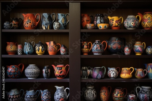 beautifully painted pottery collection on shelves