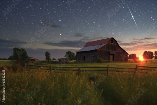 meteor shower captured in a rural setting with a barn and fields