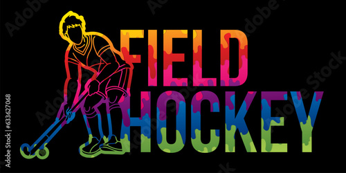 Field Hockey Text with Male Player Cartoon Sport Graphic Vector