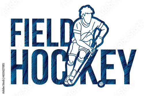 Field Hockey Text with Male Player Cartoon Sport Graphic Vector