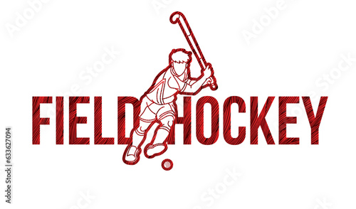 Field Hockey Text with Male Player Cartoon Sport Graphic Vector