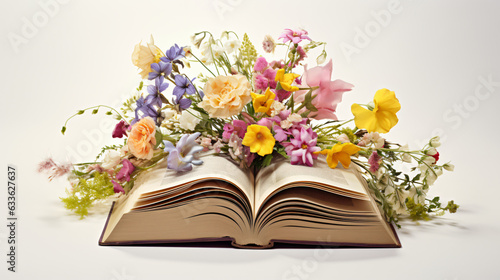 Open book with flowers in pages on white background