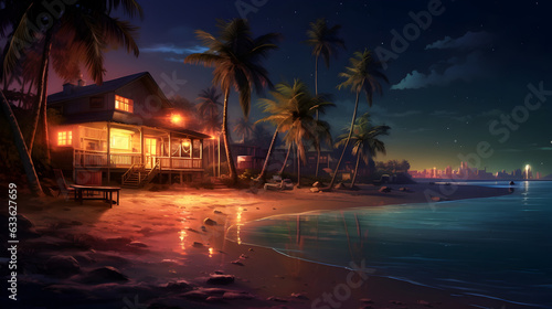 Night beach natural landscape background with night lamp