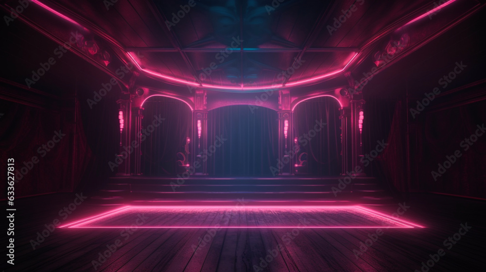 Empty burlesque stage or podium for dance with glowing neon light at dark. Copy space. Luxury vintage retro design. Generative AI - obrazy, fototapety, plakaty 
