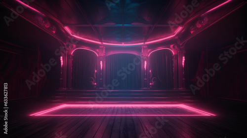 Empty burlesque stage or podium for dance with glowing neon light at dark. Copy space. Luxury vintage retro design. Generative AI